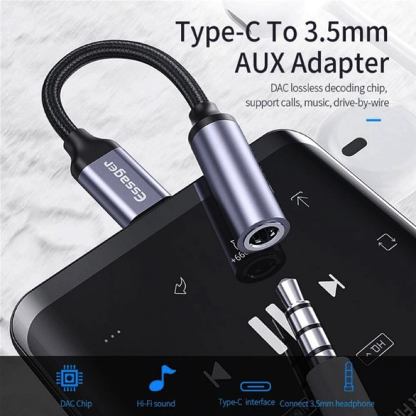 Адаптер Essager E01 Type c to 3.5mm Jack Headphone Adapter grey (EZJE01-0G)