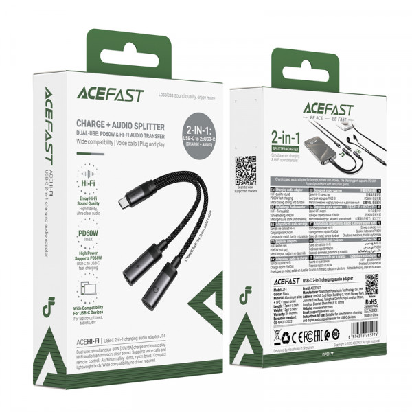 Аудіокабель ACEFAST J14 USB-C 2-in-1 charging audio adapter Black (6974316285823)