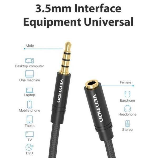 Аудіокабель Vention Cotton Braided 3.5mm Audio Extension Cable 5M Black Metal Type (VAB-B06-B500-M)