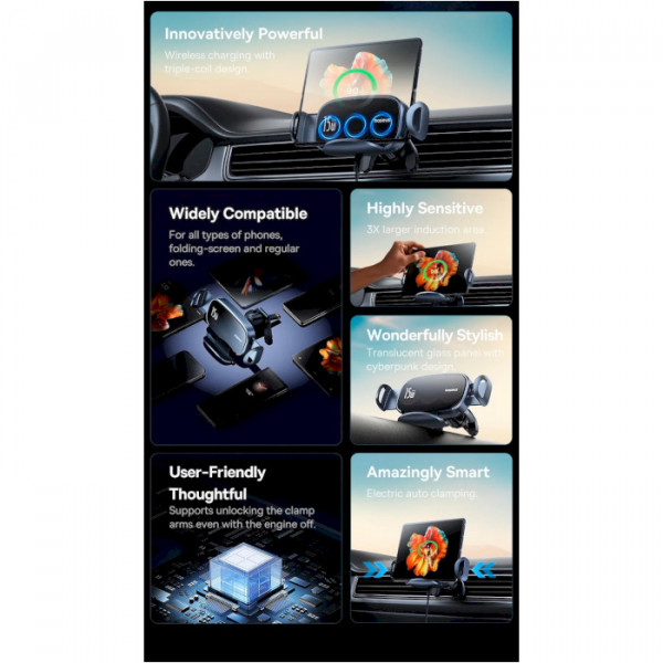 Автомобільний тримач з БЗП Baseus LightChaser Series Triple-Coil Wireless Charging Electric Car Mount Cluster Чорний