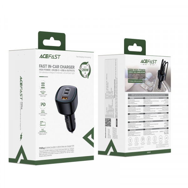 Автомобільний зарядний пристрій ACEFAST B18 200W(2USB-C+USB-A)fast car charger Black (6974316285953)