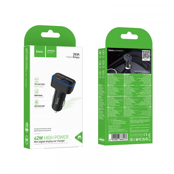 Автомобільний зарядний пристрій HOCO Z63A Barry 42W(1C2A) digital display car charger Black (6942007666213)