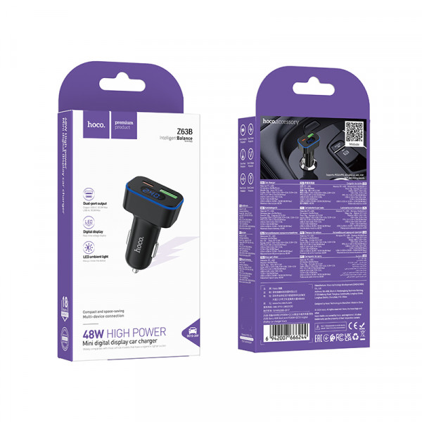 Автомобільний зарядний пристрій HOCO Z63B Barry 48W dual port PD30W+QC3.0 digital display car charger (6942007666244)