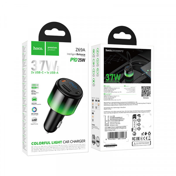 Автомобільний зарядний пристрій HOCO Z69A Vivido PD37W(2C1A) car charger with digital display Black (6942007681568)
