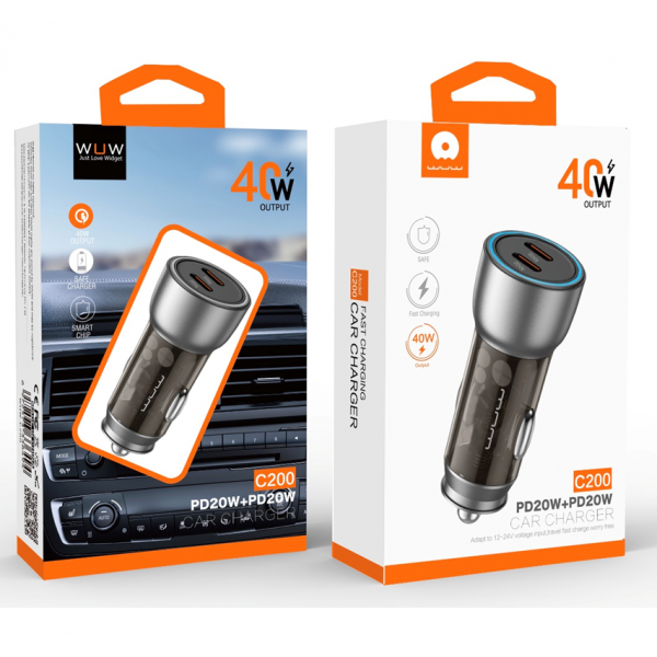 Автомобільний зарядний пристрій WUW-C200 PD 20W +PD 20W black (6972573336807)