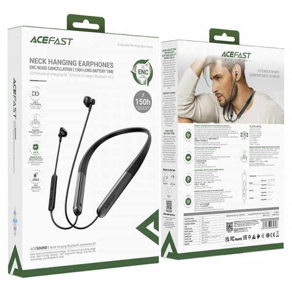 Бездротові спортивні навушники ACEFAST N1 neck hanging Bluetooth earphones Black (6974316282808)