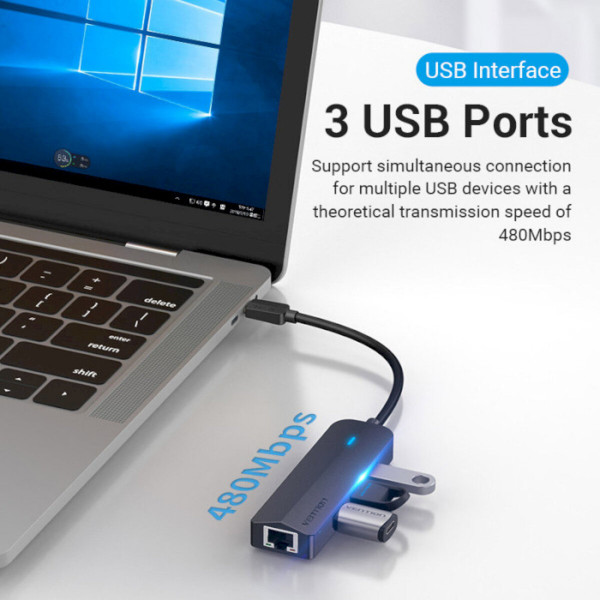 Хаб Vention USB-C to USB 3.0*3/RJ45/Micro-B HUB 0.15M Чорний ABS Type