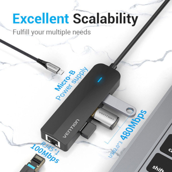 Хаб Vention USB-C to USB 3.0*3/RJ45/Micro-B HUB 0.15M Чорний ABS Type