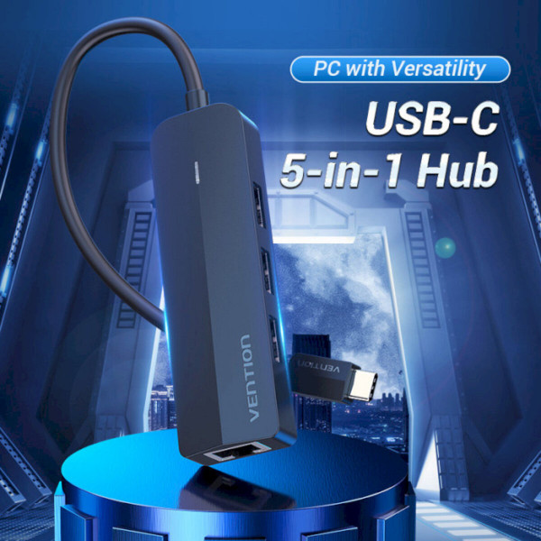 Хаб Vention USB-C to USB 3.0*3/RJ45/Micro-B HUB 0.15M Чорний ABS Type