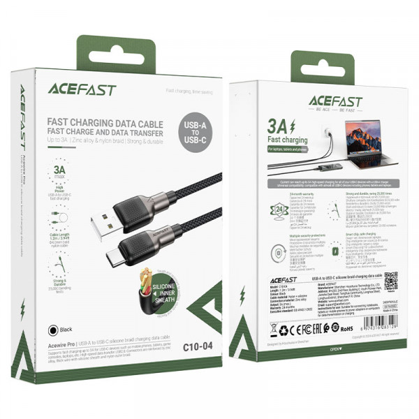 Кабель ACEFAST C10-04 USB to Type-C 3A, 1.2m, silicone, zinc connectors, Black (6974316283126)
