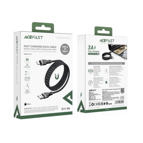 Кабель ACEFAST C11-04 USB to Type-C 3A, 1.2m, nylon + PVC, zinc connectors, Black
