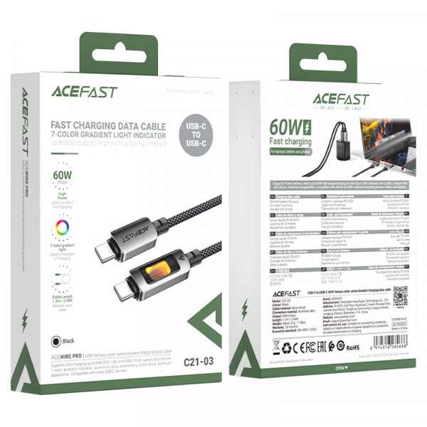 Кабель ACEFAST C21-03, Type-C to Type-C, 60W, 1.2m, Nylon, Aluminum Alloy connectors, Black (6974316284666)