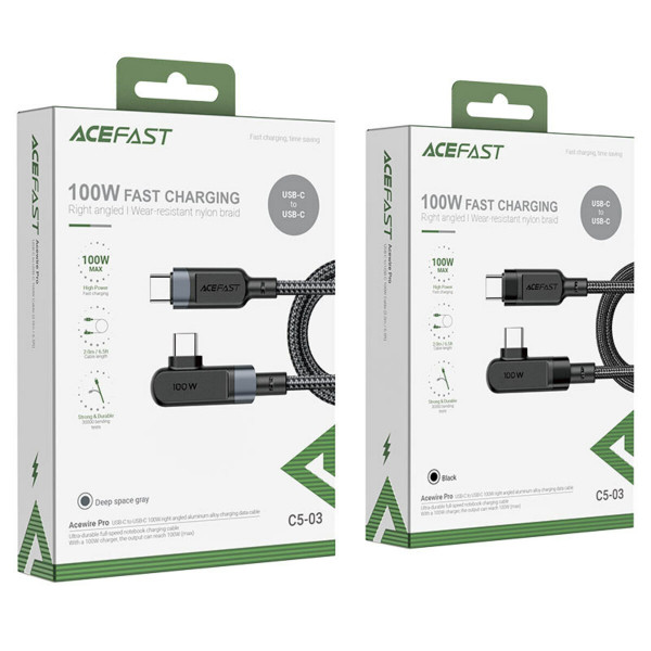 Кабель ACEFAST C5-03 Type-C to Type-C 5A, 100W, 2m, nylon, zinc connectors, Чорний