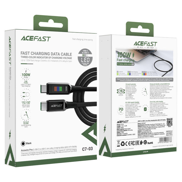 Кабель ACEFAST C7-03 Type-C to Type-C 5A, 100W, 1.2m, nylon, zinc connectors, LED, Чорний