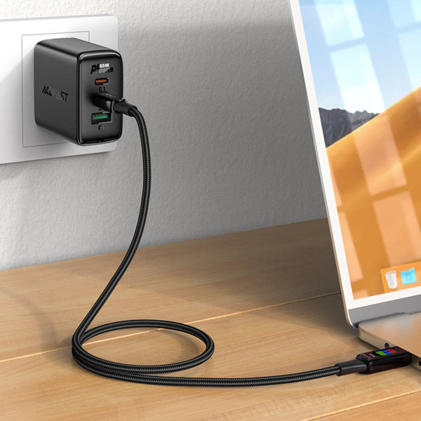 Кабель ACEFAST C7-03 Type-C to Type-C 5A, 100W, 1.2m, nylon, zinc connectors, LED, Чорний