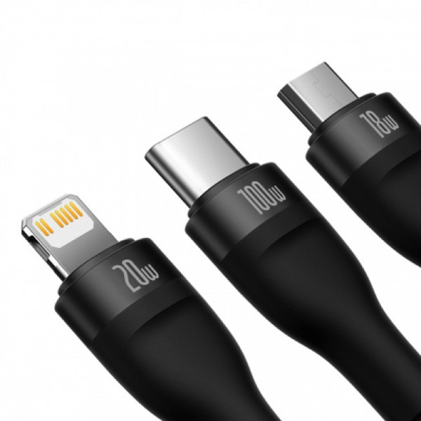 Кабель Baseus Flash Series Ⅱ One-for-three Fast Charging Cable Type-C to M+L+C 100W 1.5m Чорний