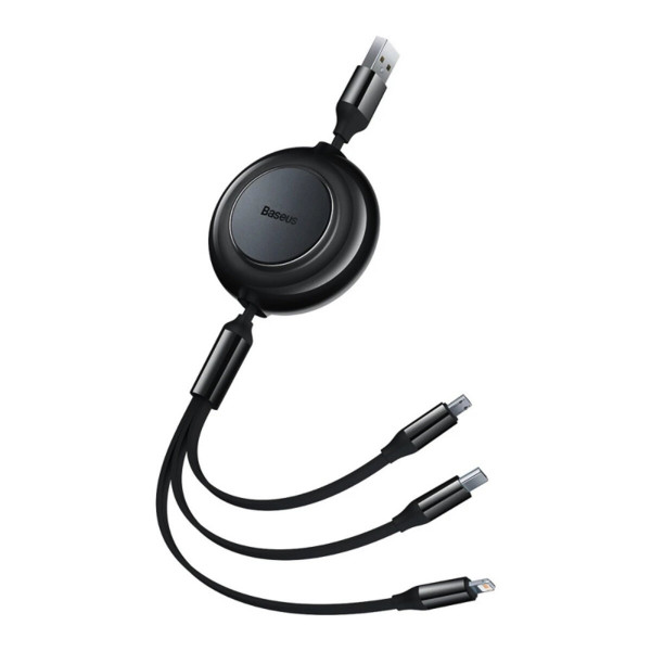Кабель Baseus Free2Draw Retractable Crystal Fast Charging Data Cable USB to M+L+C 3.5A 1.1m Cluster Чорний