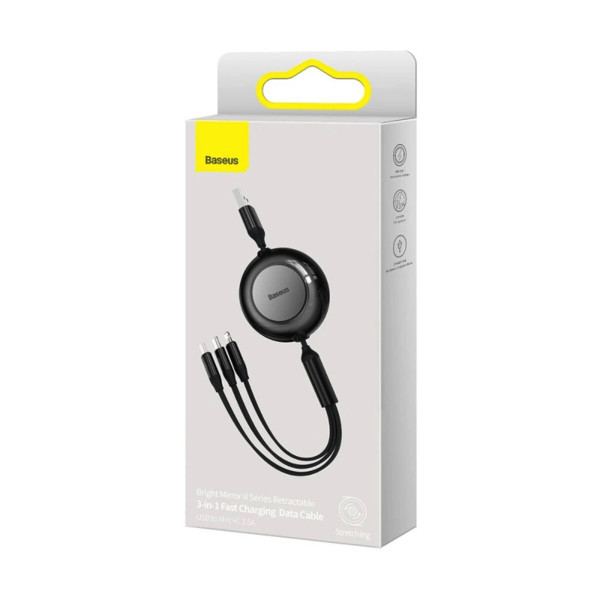 Кабель Baseus Free2Draw Retractable Crystal Fast Charging Data Cable USB to M+L+C 3.5A 1.1m Cluster Чорний