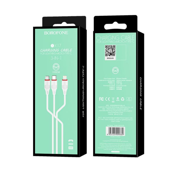 Кабель BOROFONE BX17 3-in-1 Enjoy charging cable for iP+Micro+Type-C Білий