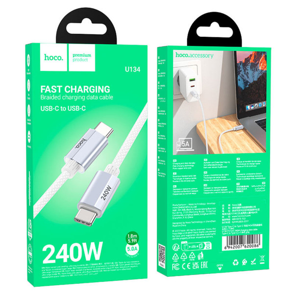 Кабель HOCO U134 Primero 240W charging data cable Type-C to Type-C (L=1.8M) Gray