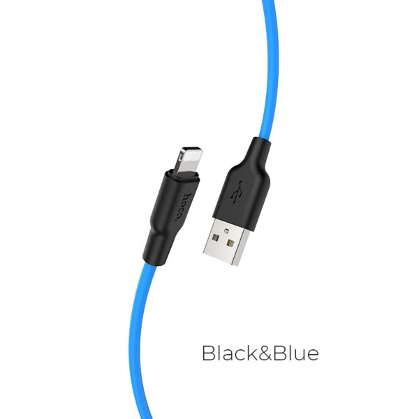 Кабель HOCO X21 Plus USB to iP 2.4A, 1m, silicone, silicone connectors, Black+Blue