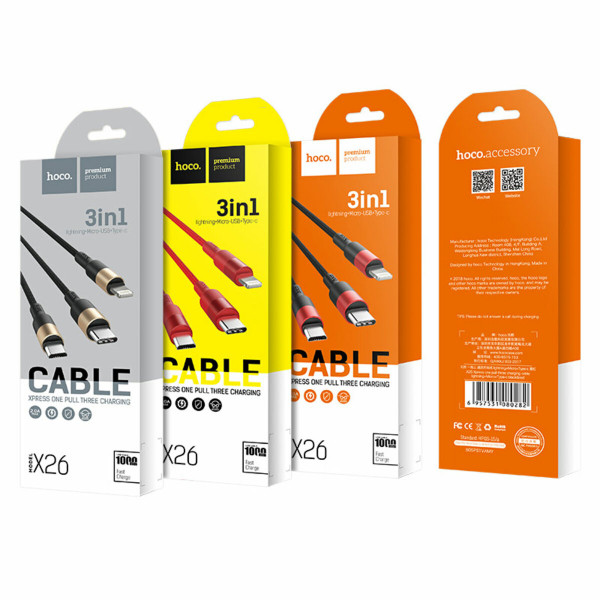Кабель HOCO X26 USB to iP+Type-C+Micro 2A, 1m, nylon, aluminum connectors Black+Gold