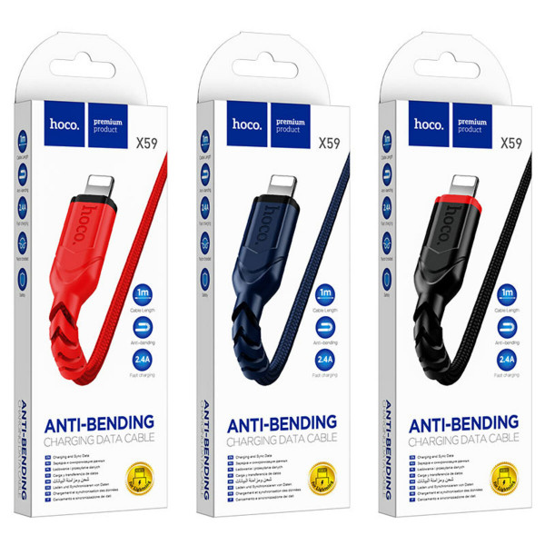 Кабель HOCO X59 USB to iP 2.4A, 1m, nylon, TPE connectors, Чорний