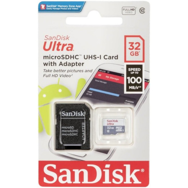 Карта пам'яті microSDHC (UHS-1) SanDisk Ultra 32Gb class 10 A1 (100Mb/s) (adapter SD)