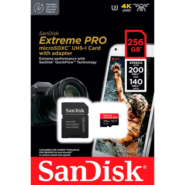 Карта пам'яті microSDXC (UHS-1 U3) SanDisk Extreme Pro A2 256Gb class 10 V30 (R200MB/s,W140MB/s) (adapter)