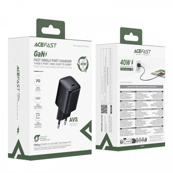 Мережевий зарядний пристрій ACEFAST A136 PD40W mini GaN USB-C fast charger Black (6974316286233)