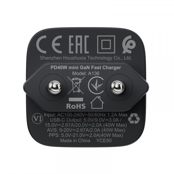 Мережевий зарядний пристрій ACEFAST A136 PD40W mini GaN USB-C fast charger Black (6974316286233)
