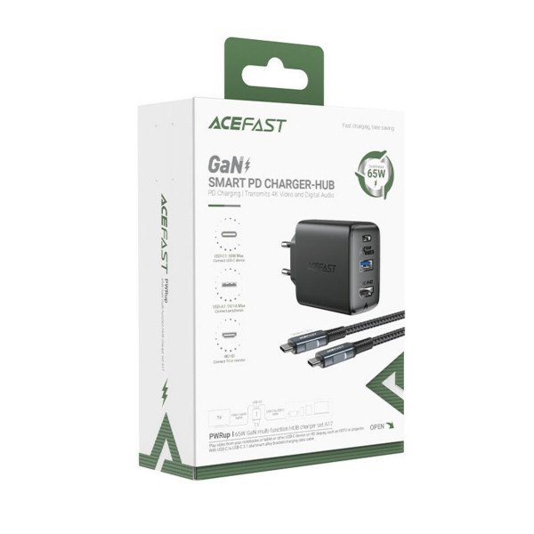 Мережевий зарядний пристрій ACEFAST A17 65W GaN multi-function HUB charger set Black