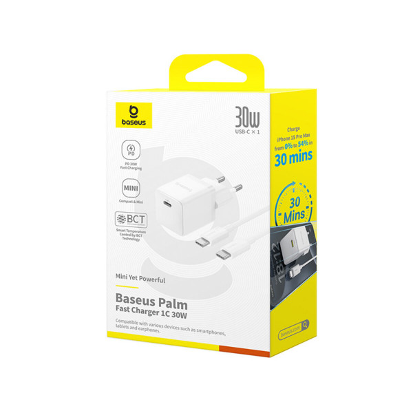 Мережевий зарядний пристрій Baseus Palm Fast Charger 1C 30W EU Moon White(With:Baseus Mini White Cable Type-C to Type-C 60W(20V/3A) 1m Moon White)