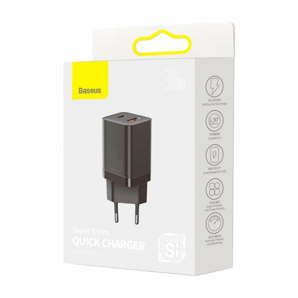 Мережевий зарядний пристрій Baseus Super Si Pro Quick Charger C+U 30W EU Black