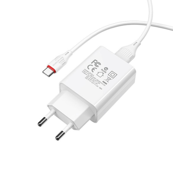 Мережевий зарядний пристрій BOROFONE BA21A Long journey single port QC3.0 charger set(Type-C) 18W Білий