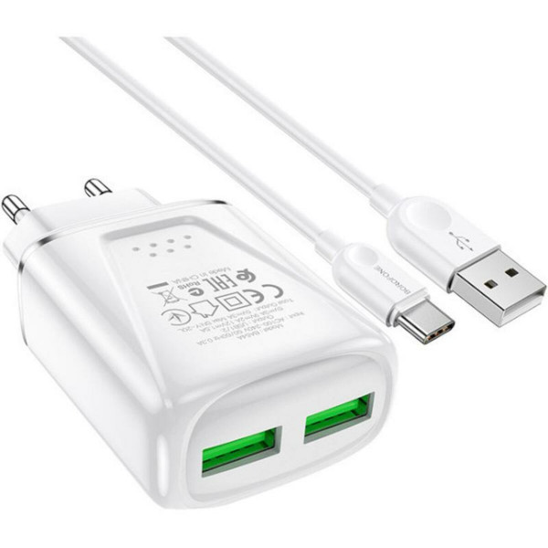 Мережевий зарядний пристрій BOROFONE BA54A Wide road dual port QC3.0 charger (Type-C) 18W White