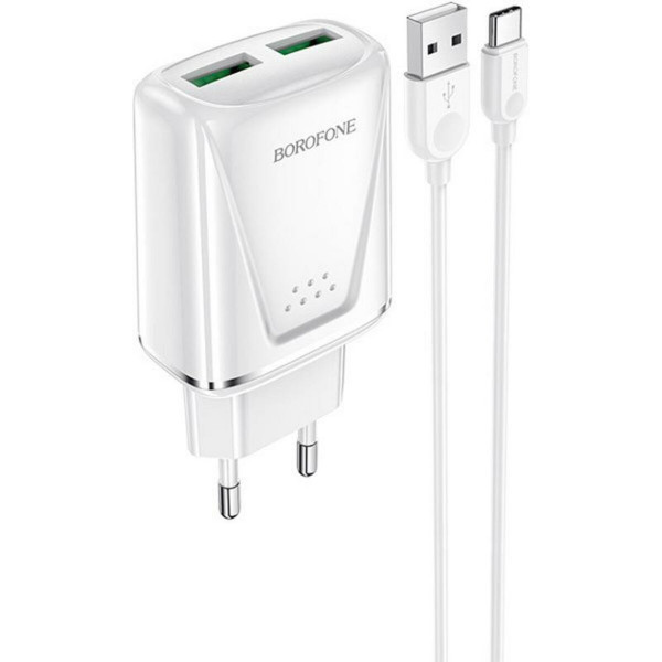 Мережевий зарядний пристрій BOROFONE BA54A Wide road dual port QC3.0 charger (Type-C) 18W White