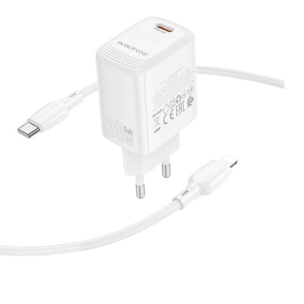 Мережевий зарядний пристрій BOROFONE BN26 Fuente single-port PD20W charger set (C to iP) (EU) White
