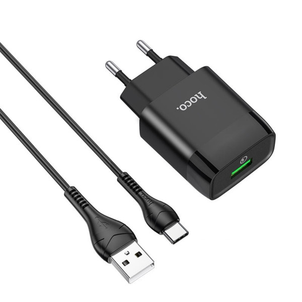 Мережевий зарядний пристрій HOCO C72Q Glorious single port QC3.0 charger set(Type-C) 18W Чорний