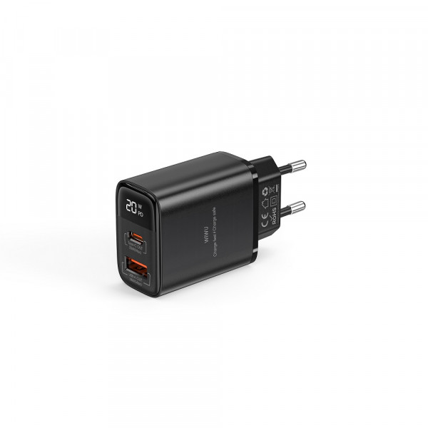Мережевий зарядний пристрій WIWU 20W Firefly GaN Fast Charger 1A+1C with digital display Wi-G009 EU Black (6977703654035)