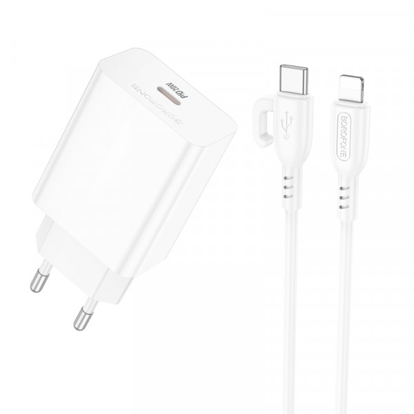 Мережевий зарядний пристрій з кабелем BOROFONE BA21A Pro Long journey single port PD20W charger set(C to iP) White (6941991111419)