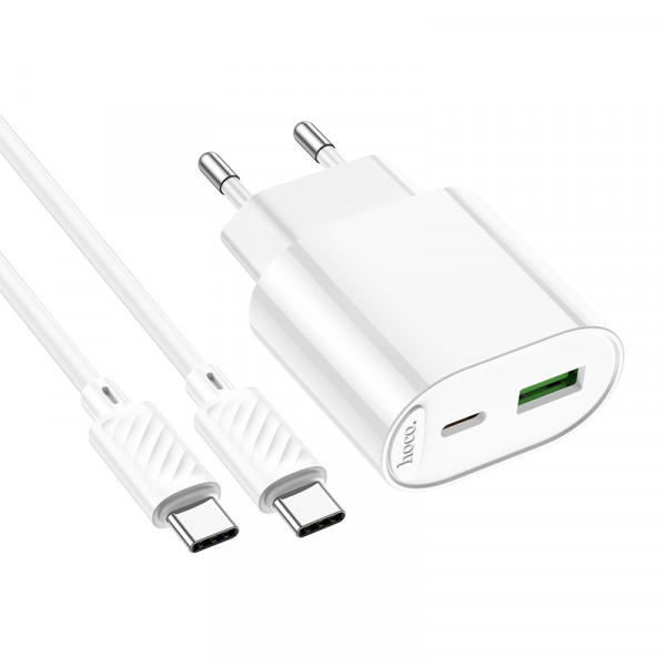 Мережевий зарядний пристрій з кабелем HOCO C109A(PD20W+QC3.0) Fighter PD20W+QC3.0 charger set(C to C) White (6942007656733)