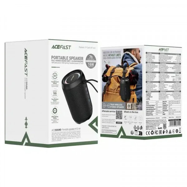 Портативна колонка ACEFAST K12 Air portable speaker, 8W, IPX4, Black (6974316287131)