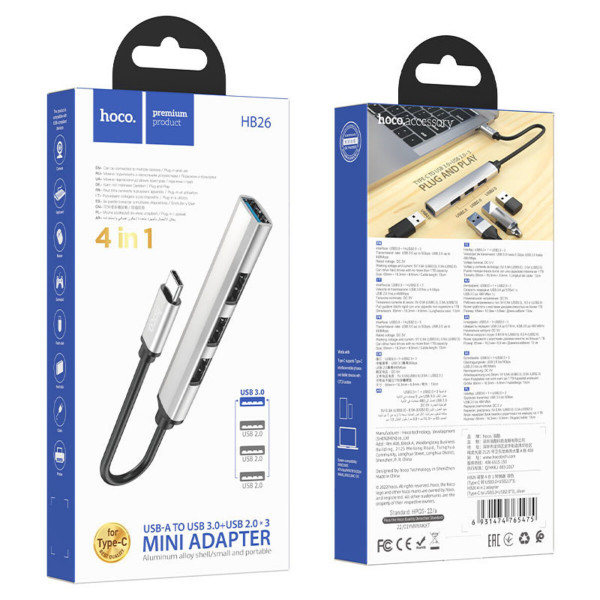 USB-хаб HOCO HB26 4 in 1 adapter(Type-C to USB3.0+USB2.0*3) Silver