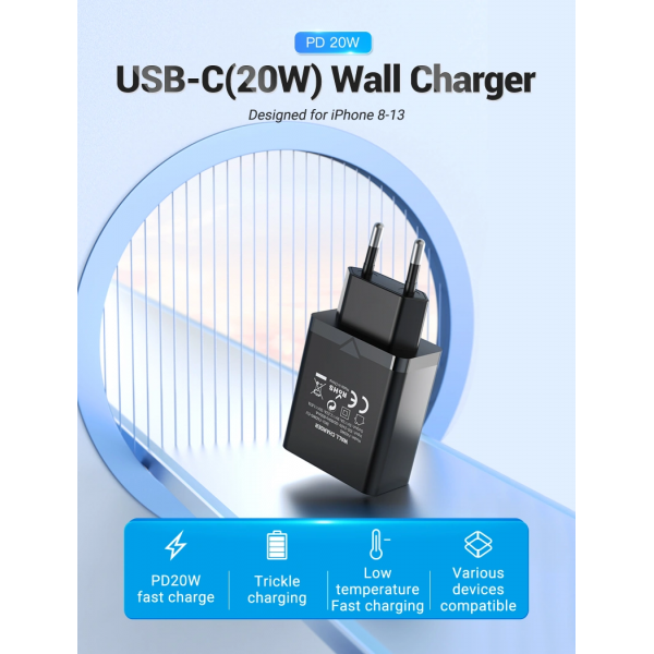 Зарядний пристрій Vention 1-port USB-C Wall Charger(20W) EU-Plug Чорний (FADB0-EU)