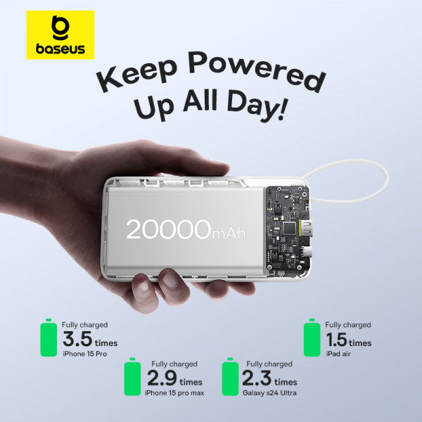 Зовнішній акумулятор Baseus Bipow 2 Digital Display Power Bank With Built-in USB-C Cable 20000mah 20W Moon White (P10077101213-01)