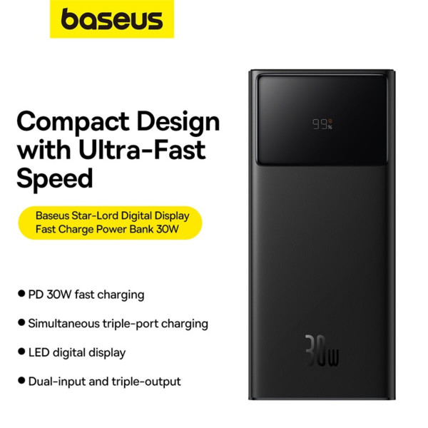 Зовнішній акумулятор Baseus Star-Lord Digital Display Fast Charging Power Bank 30000mAh 30W Cluster Black（With Simple Series Charging Cable USB to Typ