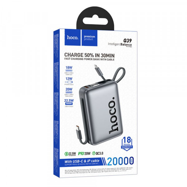 Зовнішній акумулятор HOCO Q39 Eminente 22.5W+PD20W power bank with cable(20000mAh) metal grey (6942007649094)