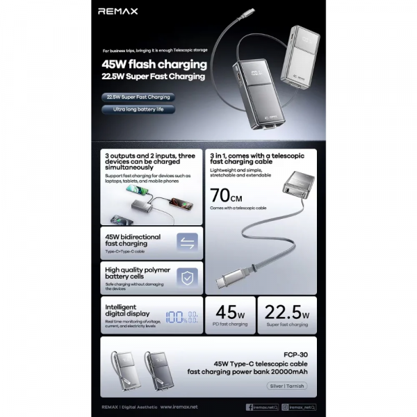 Зовнішній акумулятор REMAX 45W fast chaging Type-C telescopic cable power bank 20000mAh FCP-30 Tarnish (6954851250913)