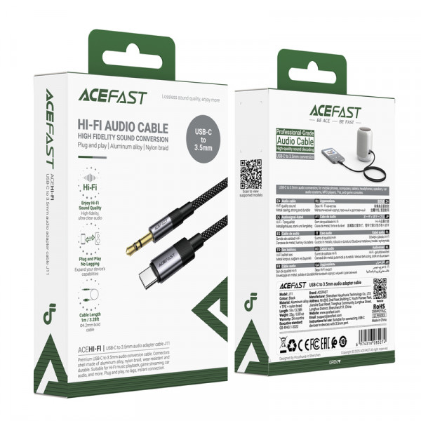 Аудіокабель ACEFAST J11 Type-C to 3.5mm male, nylon braid, 1m, Black (6974316285274)